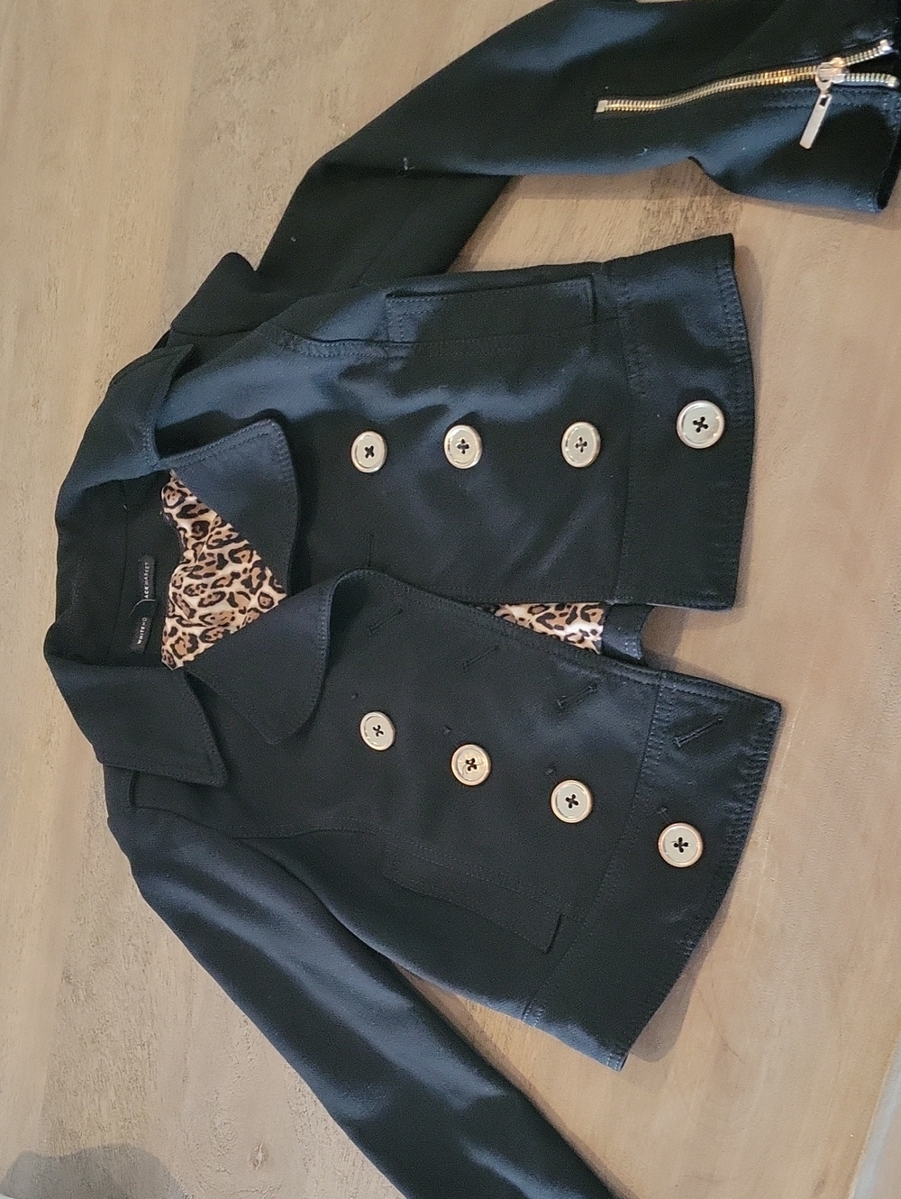 Classic Black Double-Breasted Cropped Women's Peacoat with Leopard Lining